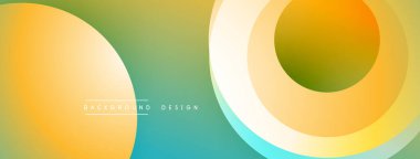 Soyut tasarım özellikleri üst üste binen daireler, gradyanlar. Renkler sarı, yeşil, deniz mavisi. Modern estetik, basit kompozisyon.