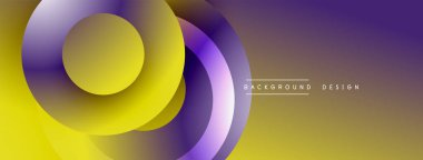 Soyut çakışan daireler dinamik eğimli arkaplan oluşturur. Mor, sarı renkler pürüzsüz, modern tasarım elementleri..