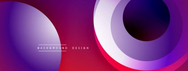 Soyut çakışan daireler dinamik eğimli arkaplan oluşturur. Mor, morumsu, kırmızı renkler kompozisyona hakim. Modern tasarım ögesi.