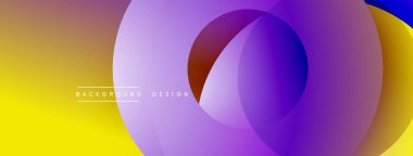 Soyut katmanlar canlı bir eğim yaratır. Çemberler üst üste biniyor, modern görsel kompozisyon oluşturuyor. Sarı, mor, kahverengi renkler tasarımda baskın..