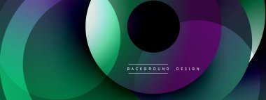 Soyut çemberler çakışıyor, canlı gradyanlar yaratıyor. Mor, yeşil renkler kompozisyona hakim. Arka planlar için modern tasarım ögesi.