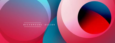 Soyut çemberler çakışıyor, canlı gradyanlar yaratıyor. Pembe, mavi, kırmızı renkler tasarımda baskın. Minimalist estetik, modern his.