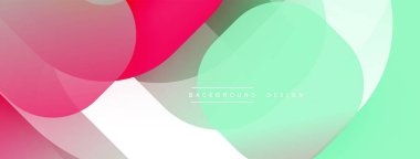 Soyut şekiller örtüşüyor, canlı renk değişimleri yaratıyor. Pembe, yeşil, beyaz renkler kompozisyona hakim. Modern tasarım ögesi.