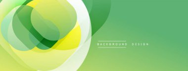 Soyut tasarım özellikleri üst üste binen daireler, gradyanlar. Renkler arasında yeşil, sarı, beyaz. Modern estetik, temiz kompozisyon.