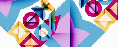 Soyut geometrik bileşim. Parlak şekiller örtüşür, dinamik görsel deneyimler yaratır. Renkler arasında mor, sarı, mavi, turuncu var. Modern tasarım elementleri resme hakim.