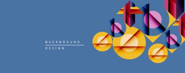 Soyut geometrik bileşim üst üste binen daireler, dikdörtgenler, üçgenler. Ilık renkli, mor, orangutan, serin mavi arka plan. Modern tasarım ögesi.