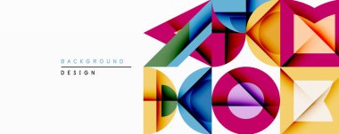 Canlı geometrik şekiller örtüşüyor, dinamik renkli arka plan oluşturuyor. Modern tasarım üçgenler, daireler, parlak renkli kareler içerir. Soyut kompozisyon.