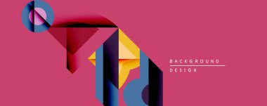 Soyut geometrik bileşim. Şekiller çakışıyor, dinamik görsel etki yaratıyor. Renkler kırmızı, sarı, mavi, mor. Arka planlar için modern tasarım ögesi.