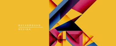 Soyut geometrik bileşim. Üst üste binen şekiller, dinamik görsel ilgi yaratır. Sarı arka plan canlı kırmızı, mavi ve morumsu elementlerle tezat oluşturuyor. Modern tasarım.