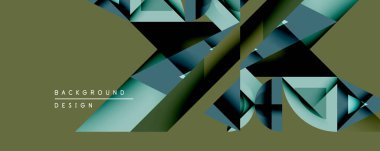 Soyut geometrik tasarım, üst üste binen çokgen şekiller içerir. Teal, koyu mavi, zeytin rengi derinlik yaratır. Dijital projeler ve sunumlar için modern arkaplan uygun.