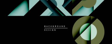Soyut geometrik tasarım, katmanlı üçgenler, daireler, sessiz yeşiller, siyah arkaplan üzerindeki griler. Modern estetik, minimalist stil, gölgeler aracılığıyla yaratılan derinlik.