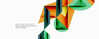 Soyut geometrik tasarım üst üste binen canlı şekiller içerir. Turuncu, yeşil, kırmızı renkler dinamik kompozisyon oluşturur. Arka planlar ve sunumlar için modern estetik.