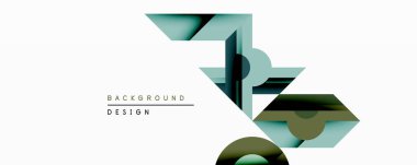 Soyut geometrik şekiller örtüşür, dinamik bileşim yaratır. Teal, zeytin, siyah renkler tasarımda baskın. Minimalist estetik modern arka planlara ve sunumlara uyuyor. Temiz çizgiler biçimleri tanımlar.