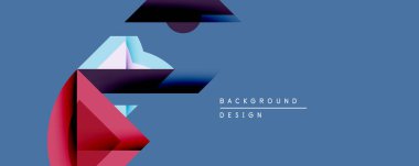 Soyut geometrik şekiller örtüşür, dinamik bileşim yaratır. Mavi arka plan kırmızı, mor, açık mavi gradyanlarla çelişiyor. Arkaplan veya sunumlar için modern tasarım ögesi.