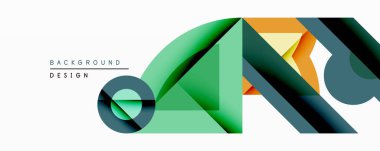 Soyut geometrik bileşim. Üst üste binen şekiller dinamik görsel efekt yaratır. Tasarıma yeşil, turuncu, mavi renkler hakim. Modern estetik, temiz çizgiler, minimalist tarz..