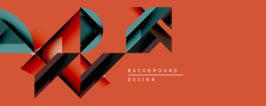 Soyut geometrik şekiller örtüşür, dinamik görsel efekt yaratır. Kırmızı, deniz mavisi, siyah renkler sıcak turuncu arkaplana hakim. Arka planlar için modern tasarım ögesi.