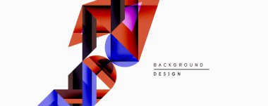 Soyut geometrik bileşim. Dinamik katmanlar illüzyon derinliği yaratır. Kırmızı, mavi, mor renkler dizaynın hakimi. Minimalist tarz, modern estetik. Temiz çizgiler, keskin açılar görsel ilgi gösteriyor.