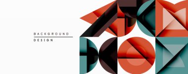 Soyut geometrik bileşim. Üst üste binen şekiller dinamik görsel efekt yaratır. Renkler kırmızı, deniz mavisi, siyah, beyaz. Arkaplan ve sunumlar için uygun modern tasarım.