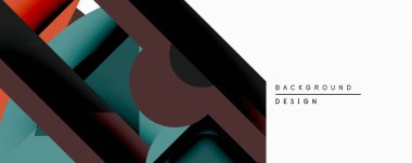 Soyut geometrik bileşim. Üst üste binen şekiller dinamik görsel efekt yaratır. Koyu kırmızı, deniz mavisi, siyah baskın tasarım. Minimalist tarz, modern estetik. Temiz çizgiler, mevcut gradyanlar.