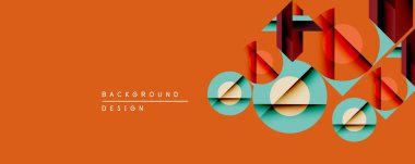 Soyut geometrik bileşim. Üst üste binen şekiller derinlik yaratır, sıcak turuncu arkaplan kullanarak deniz mavisi, bej, kahverengi aksanlı. Dijital projeler için modern tasarım ögesi.
