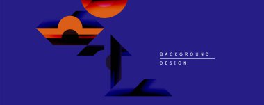 Soyut geometrik şekiller derin mavi arkaplana hükmediyor. Turuncu, kırmızı renkler katmanlı etki yaratır. Minimalist tasarım modern estetik ve temiz kompozisyon öneriyor.