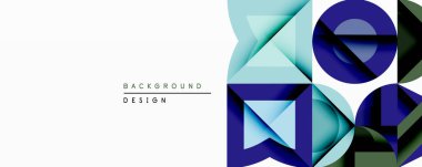 Soyut geometrik tasarım katmanlı şekiller, mavi, yeşil renkler içerir. Sol tarafında metin arkaplan tasarımı olan minimalist kompozisyon. Modern estetik, temiz çizgiler, görsel denge.