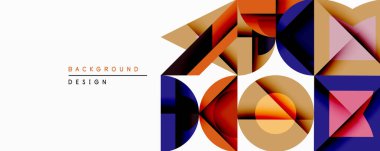 Soyut geometrik şekiller örtüşür, canlı renkli tasarım yaratır. Turuncu, mavi, bej, pembe renkler kompozisyona hakim. Modern estetik, uygun arkaplan ögesi.