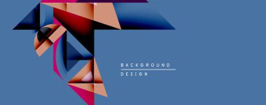 Soyut geometrik tasarım üst üste binen şekiller, gradyanlar. Mavi zemin, turuncu, pembe ve koyu mavi elementlerle tezat oluşturuyor. Modern estetik, dijital arkaplan veya sunumlar için uygun.