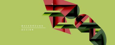 Soyut geometrik şekiller örtüşür, dinamik görsel efekt yaratır. Kırmızı, yeşil, koyu tonlar açık sarı zemin ile tezat oluşturuyor. Modern tasarım ögesi.