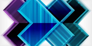 Soyut geometrik tasarım. Üst üste binen kareler dinamik görsel efekt yaratır. Mavi, mor renkler koyu arkaplana hakim. Modern, gösterişli kompozisyon.