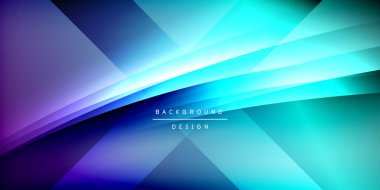 Soyut geometrik tasarım. Canlı maviler, morlar koyu arkaplana karışıyor. Çizgiler dinamik, modern görsel efektler yaratır.