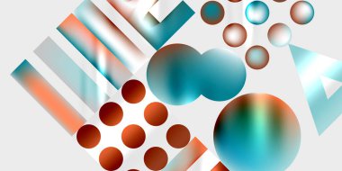 Küreler, dikdörtgenler, üçgenler içeren soyut bileşim. Renk değişimi, turuncu, gümüş rengi derinlik, görsel ilgi. Minimalist tasarım.