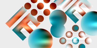 Küreler, silindirler, geometrik şekiller içeren soyut bileşim. Sıcak, serin renkler harmanlanır, dinamik görsel efekt yaratır.