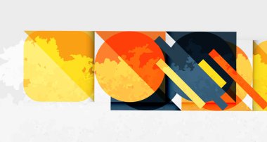 Soyut geometrik şekiller örtüşüyor, canlı turuncu, sarı, donanma bileşimi oluşturuyor. Dokulu arka plan derinlik katıyor. Modern tasarım.