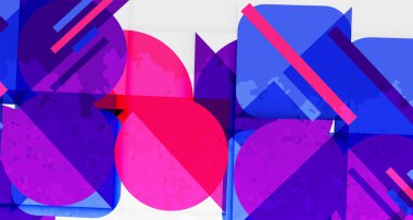 Soyut geometrik bileşim. Üst üste binen şekiller canlı, modern görsel deneyimler yaratır. Maviler ve pembeler tasarıma hakim..