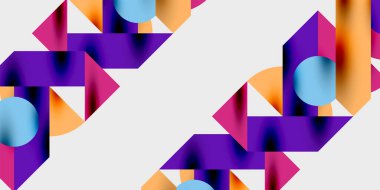 Soyut geometrik şekiller, mor, turuncu, mavi renkler. Modern tasarım, temiz çizgiler, dinamik kompozisyon. Minimalist estetik, canlı renkler.