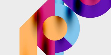 Soyut geometrik şekiller örtüşüyor, canlı renk eğimleri yaratıyor. Kompozisyon, koyu arkaplan üzerinde daireler, dikdörtgenler, eğriler oluşturur.