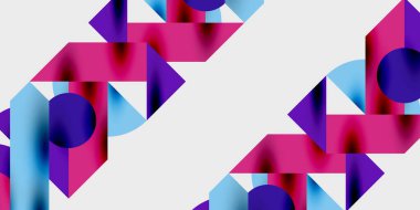 Soyut geometrik desen. Pembe, mor, mavi şekiller dinamik bileşim yaratır. Modern tasarım, canlı renkler, temiz çizgiler..