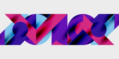 Soyut geometrik şekiller, canlı renkler, üst üste binen formlar dinamik bileşim oluşturur. Modern tasarım, kalın zıtlıklar, görsel etki.