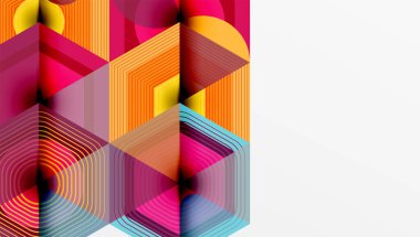 Soyut geometrik bileşim. Canlı renkler, katmanlı şekiller dinamik görsel efektler yaratır. Modern tasarım, temiz çizgiler cesur estetik sunar.