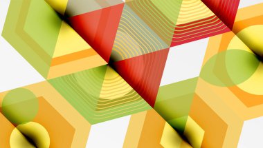 Soyut geometrik bileşim. Altıgenler, üçgenler, daireler örtüşüyor. Canlı desenler yaratıyor. Sıcak tonlar dizaynda baskın..