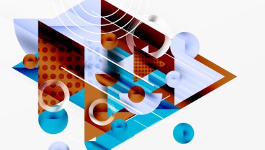 Soyut geometrik bileşim. Şekiller çakışıyor, dinamik görsel etki yaratıyor. Renkler arasında mavi, kahverengi, beyaz var. Modern tasarım elemanları.