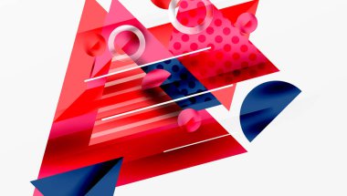 Soyut geometrik bileşim. Kırmızı, pembe, donanma şekilleri örtüşüyor. Çizgiler, daireler dinamik görsel efektler yaratır. Modern tasarım elemanları.