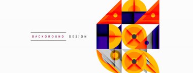 Soyut geometrik şekiller örtüşür, canlı renkli tasarım yaratır. Sarı, mor, turuncu baskın kompozisyon. Modern estetik.