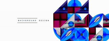 Soyut geometrik şekiller, canlı renkler, modern tasarım. Mavi, mor, beyaz elementler dinamik bileşim oluşturur. Arkaplan dokusu görünür.