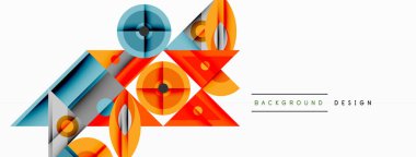 Soyut geometrik şekiller örtüşür, dinamik görsel kompozisyon yaratır. Turuncu, mavi, deniz mavisi renkleri temiz beyaz arkaplanı domine eder. Modern tasarım ögesi.