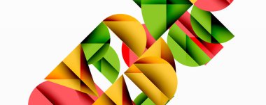 Soyut geometrik şekiller çakışıyor, renkli desenler yaratıyor. Üçgenler bileşime hükmediyor, dinamik görsel akış oluşturuyorlar. Beyaz arkaplanda parlak renkler karşıtlığı.