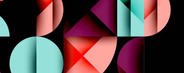 Soyut geometrik şekiller örtüşüyor, canlı renk eğimleri yaratıyor. Kompozisyon siyah arkaplan üzerinde eğriler, üçgenler, dikdörtgenler içerir.