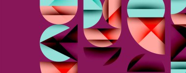 Soyut geometrik şekiller örtüşür, canlı renk blokları oluşturur. Kompozisyonda deniz mavisi, mercan ve erik rengi bulunur. Modern tasarım.