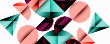 Soyut geometrik şekiller örtüşür, dinamik bileşim yaratır. Renkler arasında deniz mavisi, pembe, mor, beyaz alan dizayna hakim.